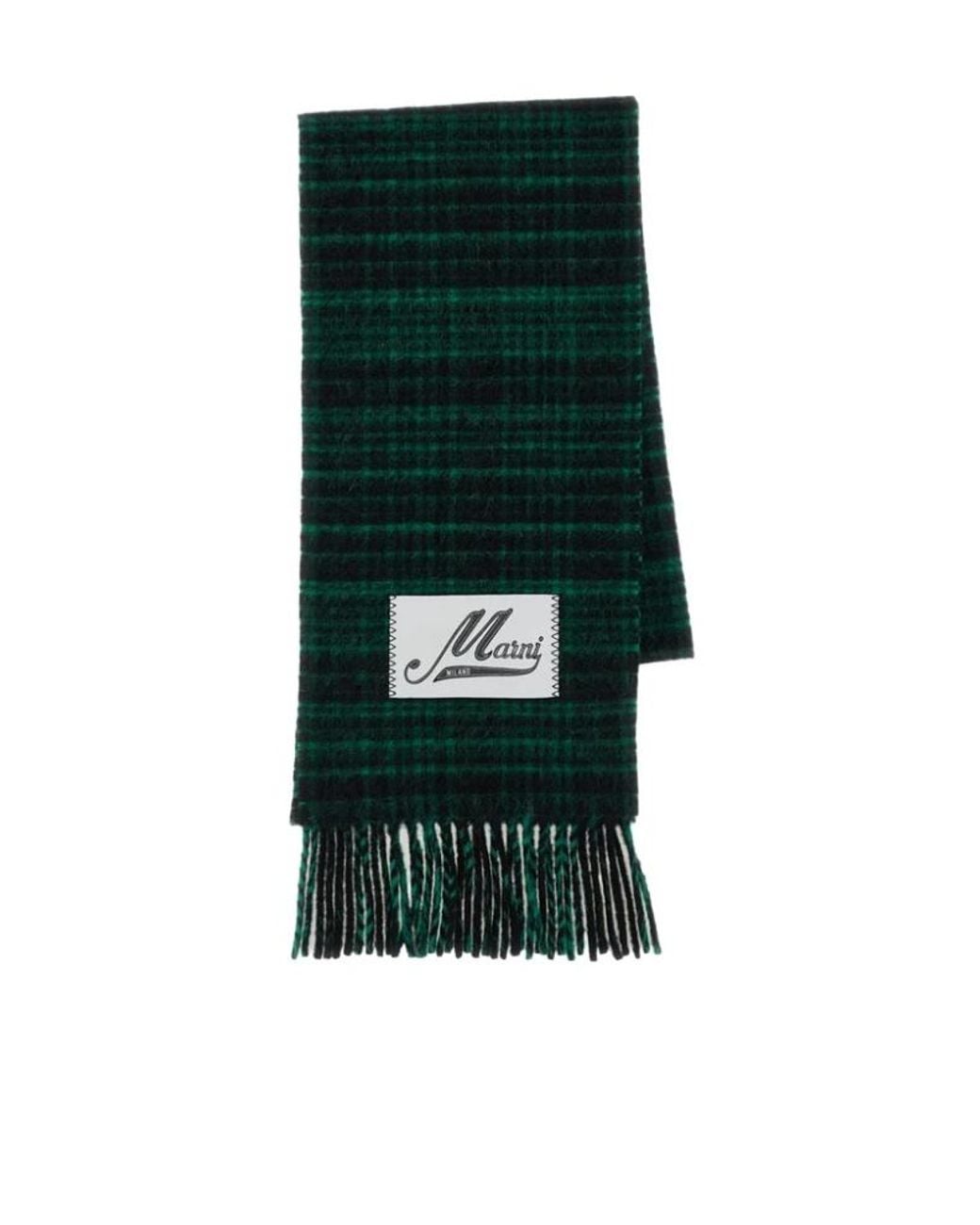 Marni Green Checked Logo Patch Fringed Scarf