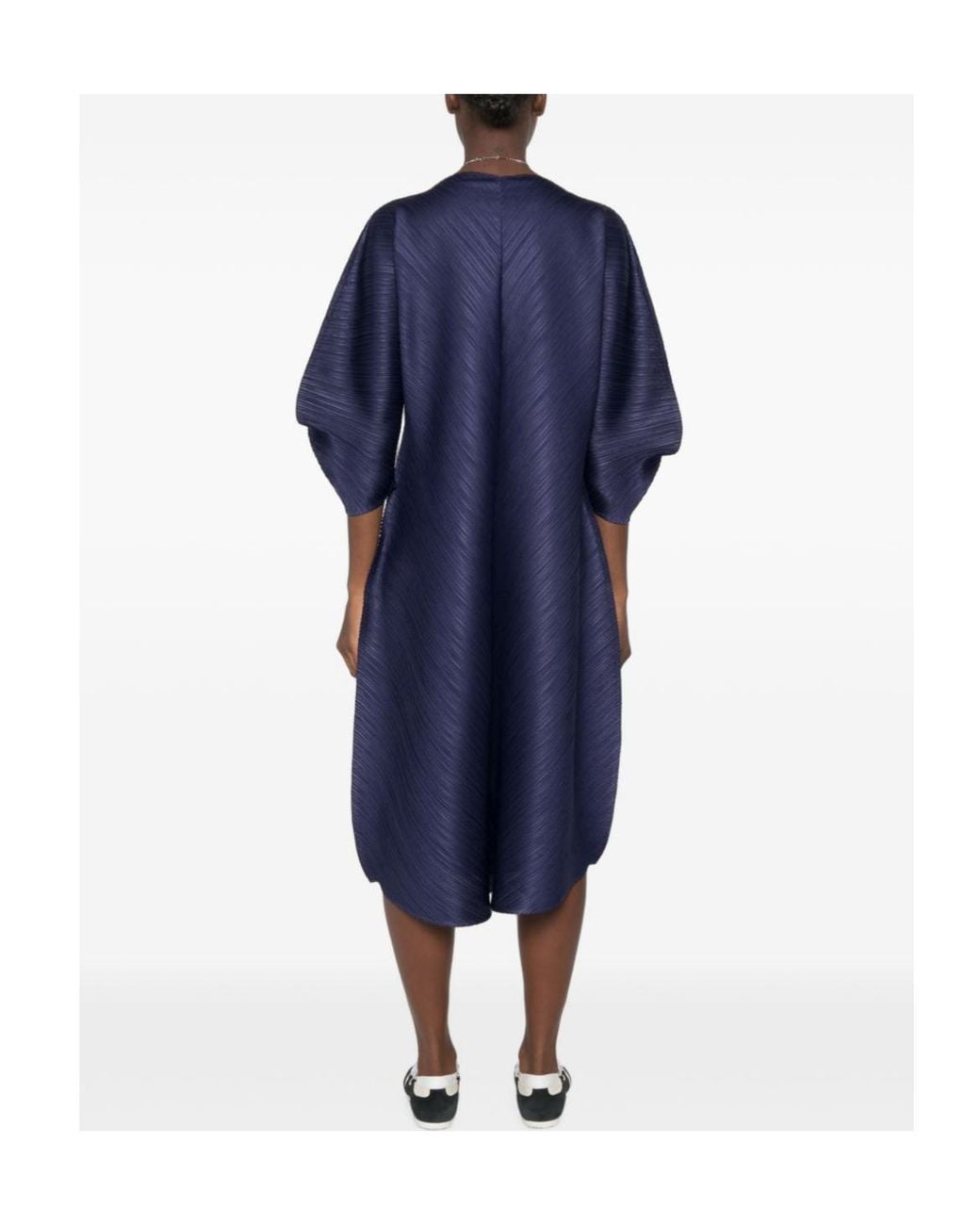 Pleats Please Issey Miyake Blue V-Neck Pleated Midi Dress