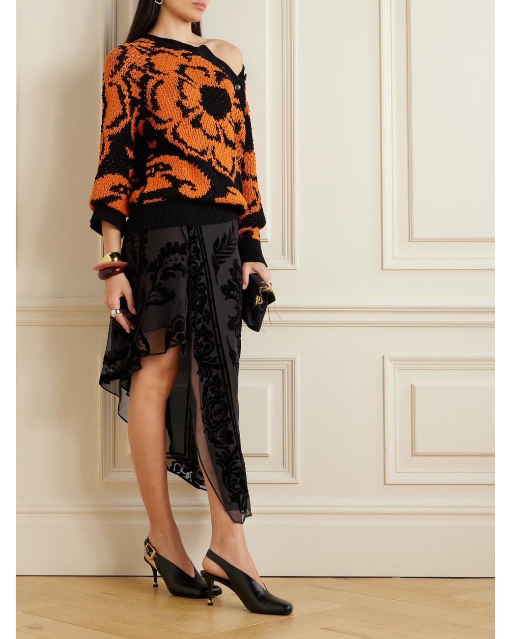 Etro Black Asymmetric Devoré-Velvet Wrap Skirt
