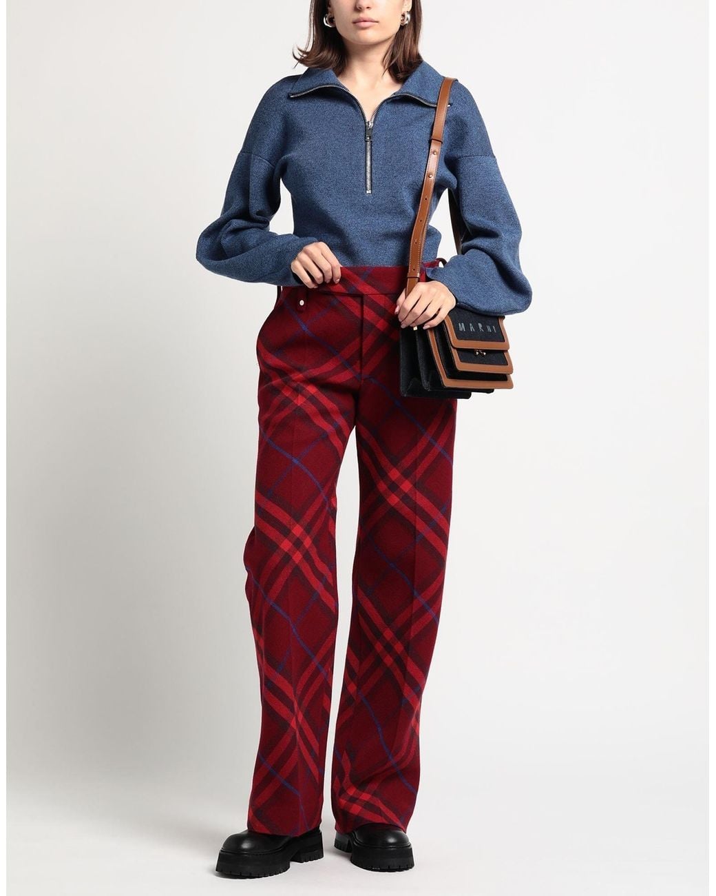 Burberry Red Plaid High-Waist Straight-Leg Pants