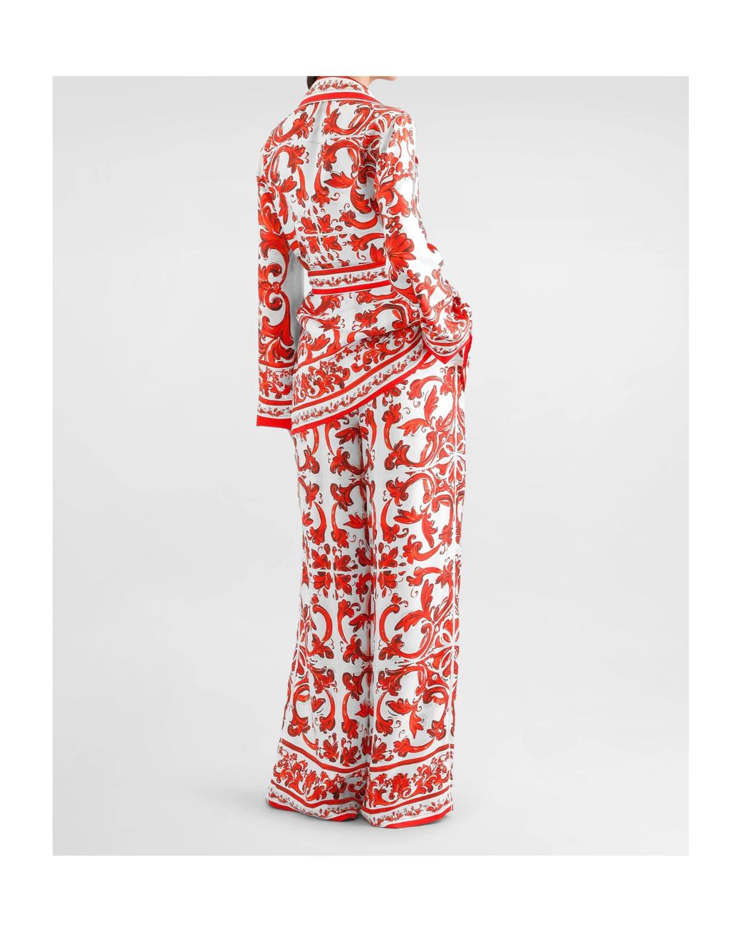 Dolce & Gabbana Red Silk Majolica Wide-Leg Trousers