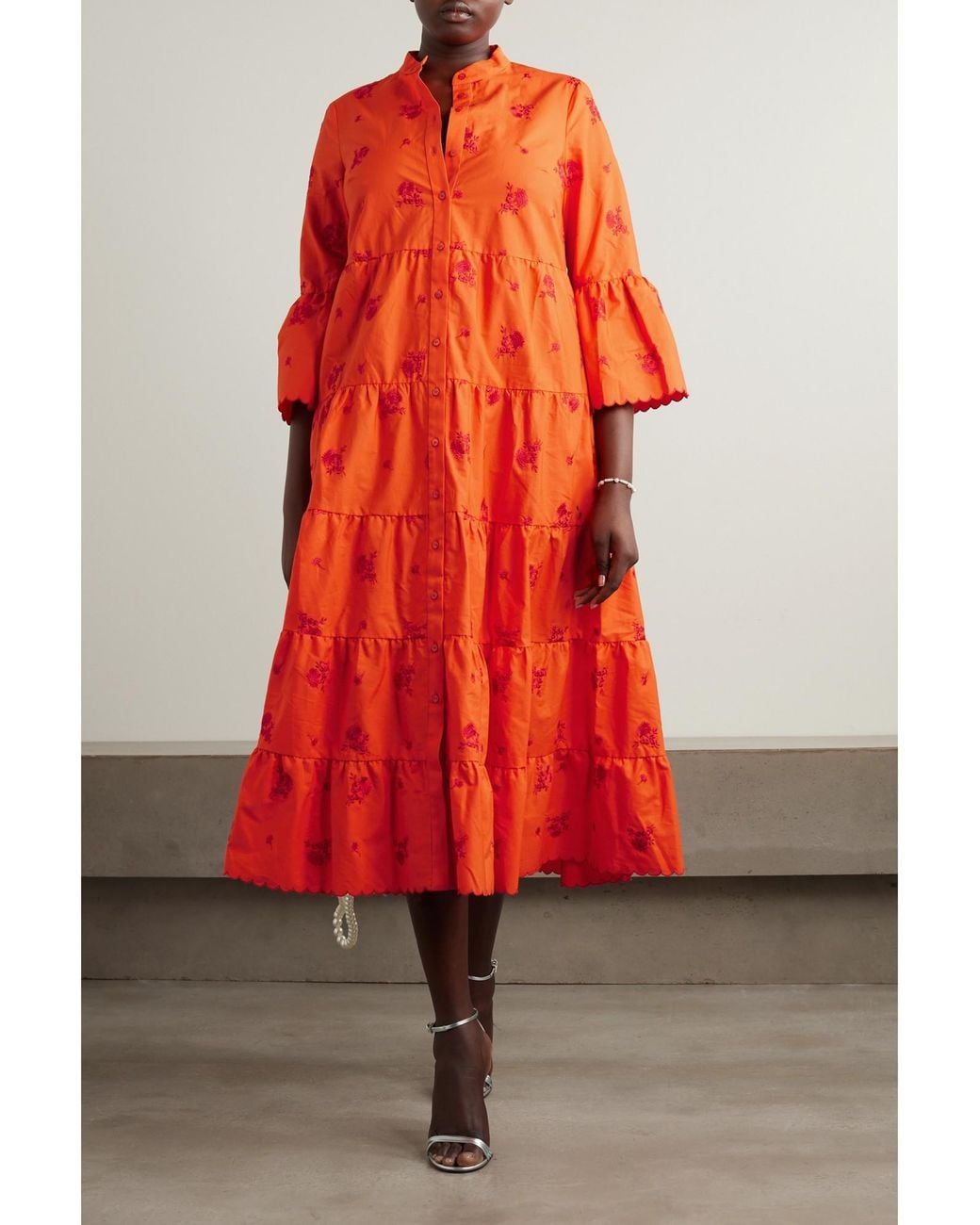 Erdem Tiered Embroidered Cotton-Poplin Midi Shirt Dress