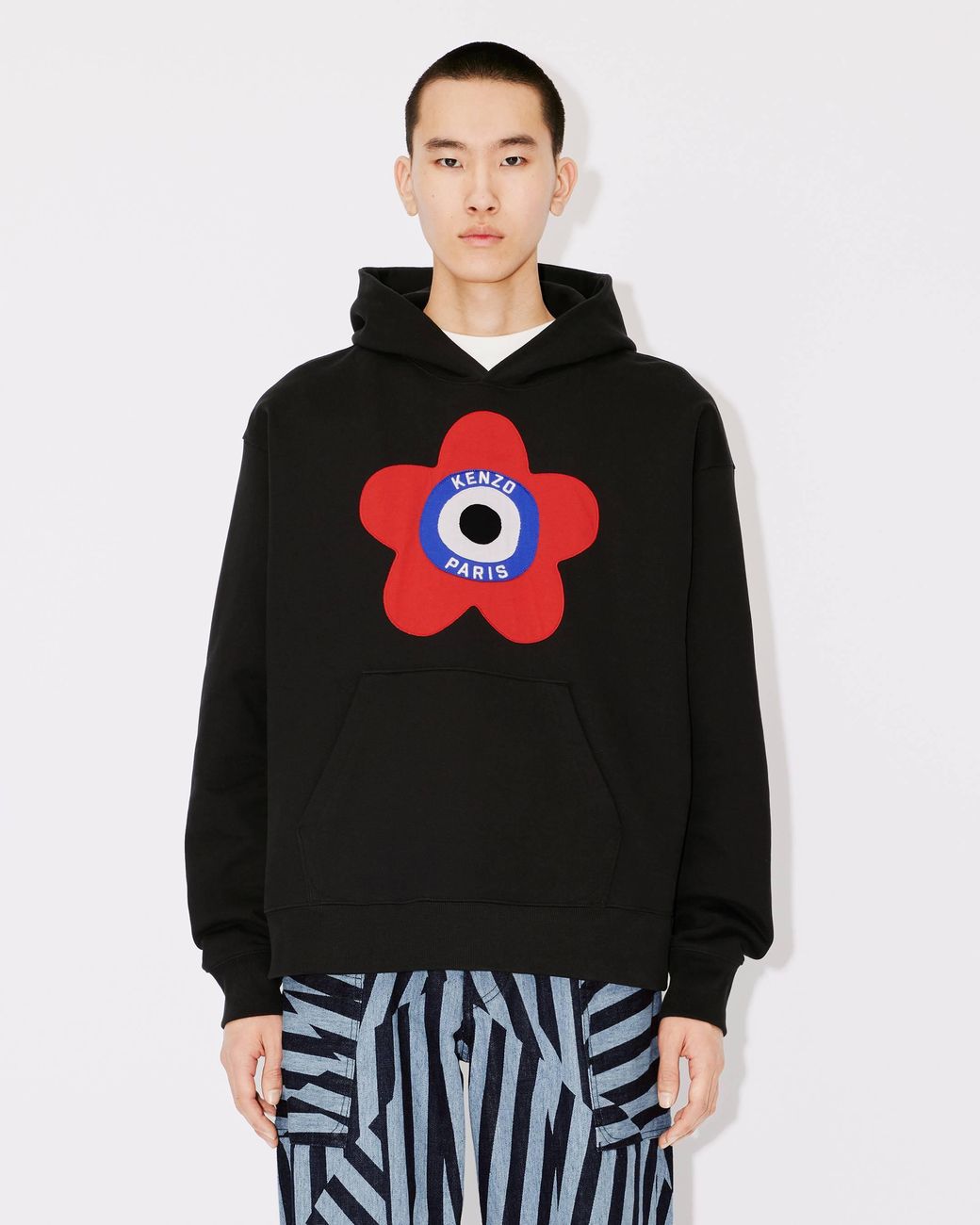 KENZO Black Target Logo-Embroidered Drop Shoulder Hoodie for men