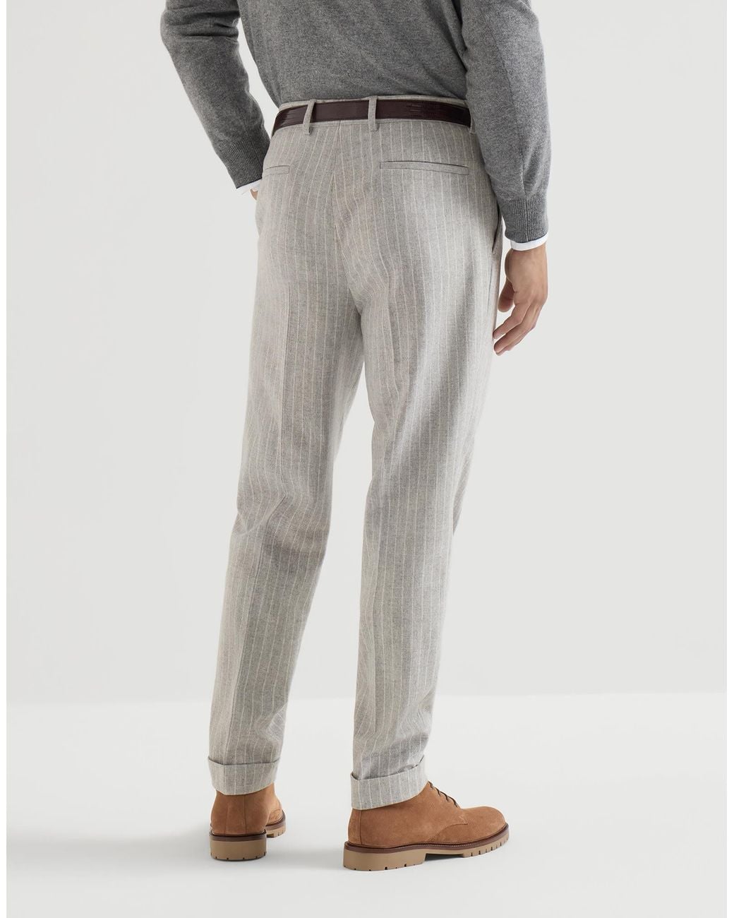 Brunello Cucinelli Gray Virgin Wool And Cashmere Chalk Stripe Flannel Trousers With Pleat for men