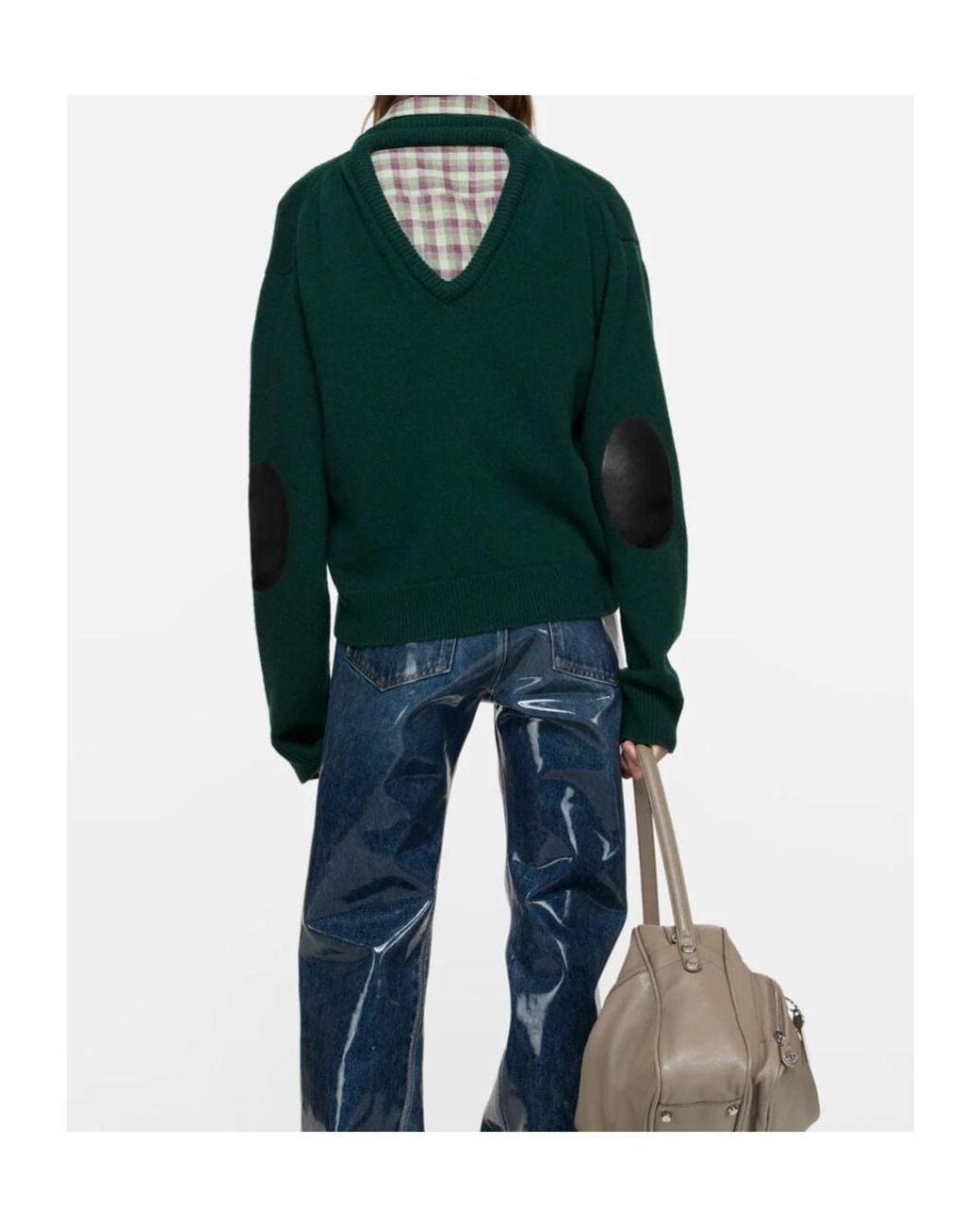 Acne Green V-Neck Leather-Patch Sweater