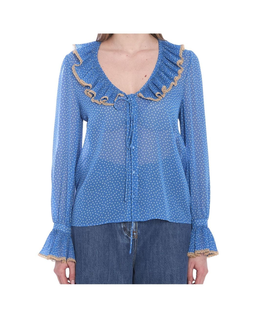 Valentino Blue Polka-Dot Printed Ruffled Blouse