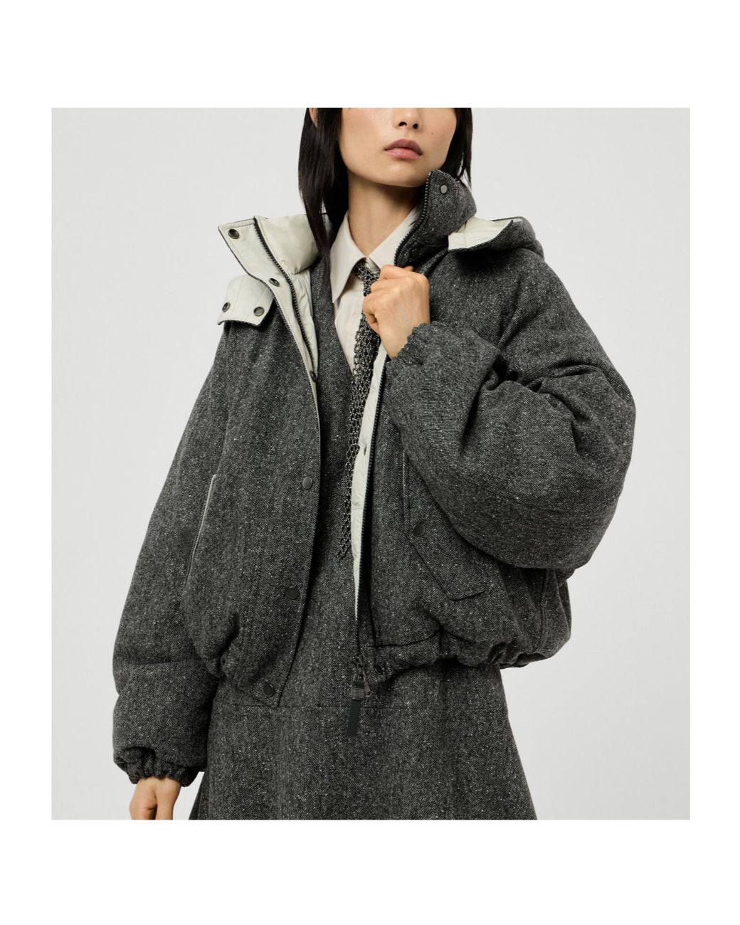 Brunello Cucinelli Gray Donegal Tweed Hooded Jacket