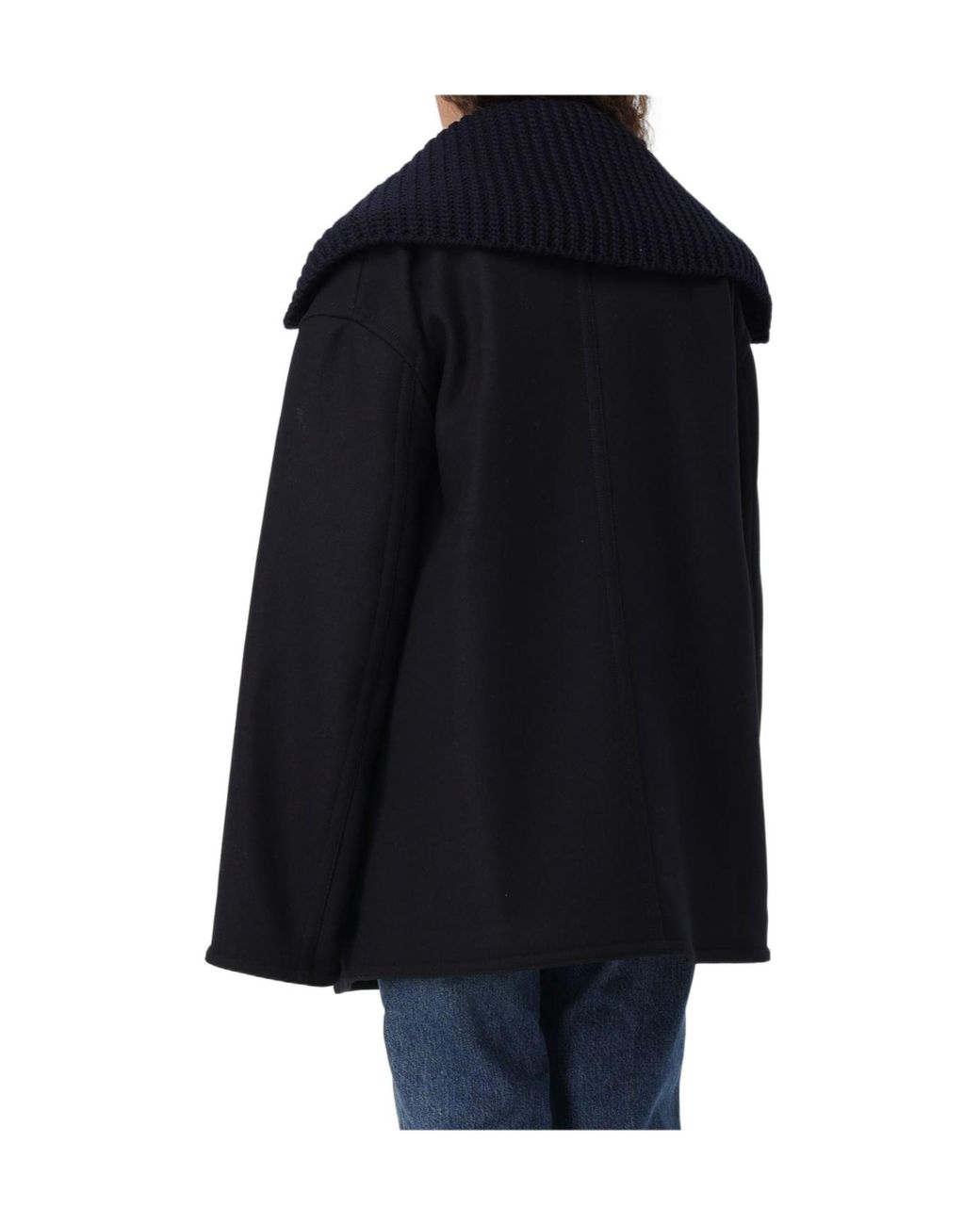 DSquared² Blue Ribbed-Knit Collar Double-Breasted Coat