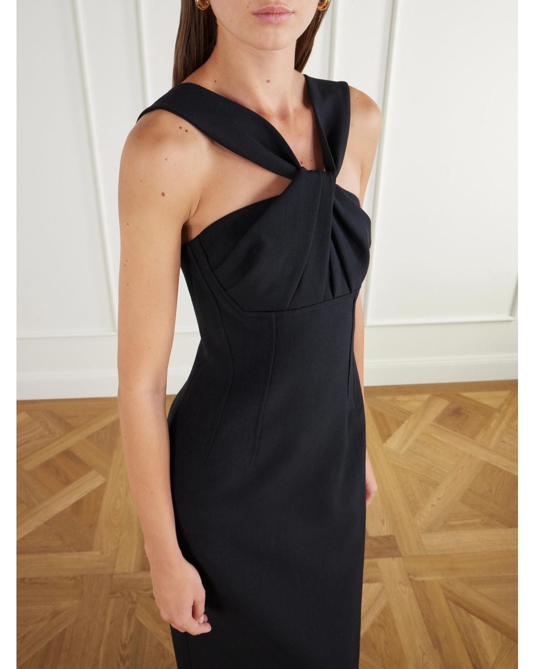 Emilia Wickstead Black Open-Back Twisted Darted Birdseye Halterneck Midi Dress