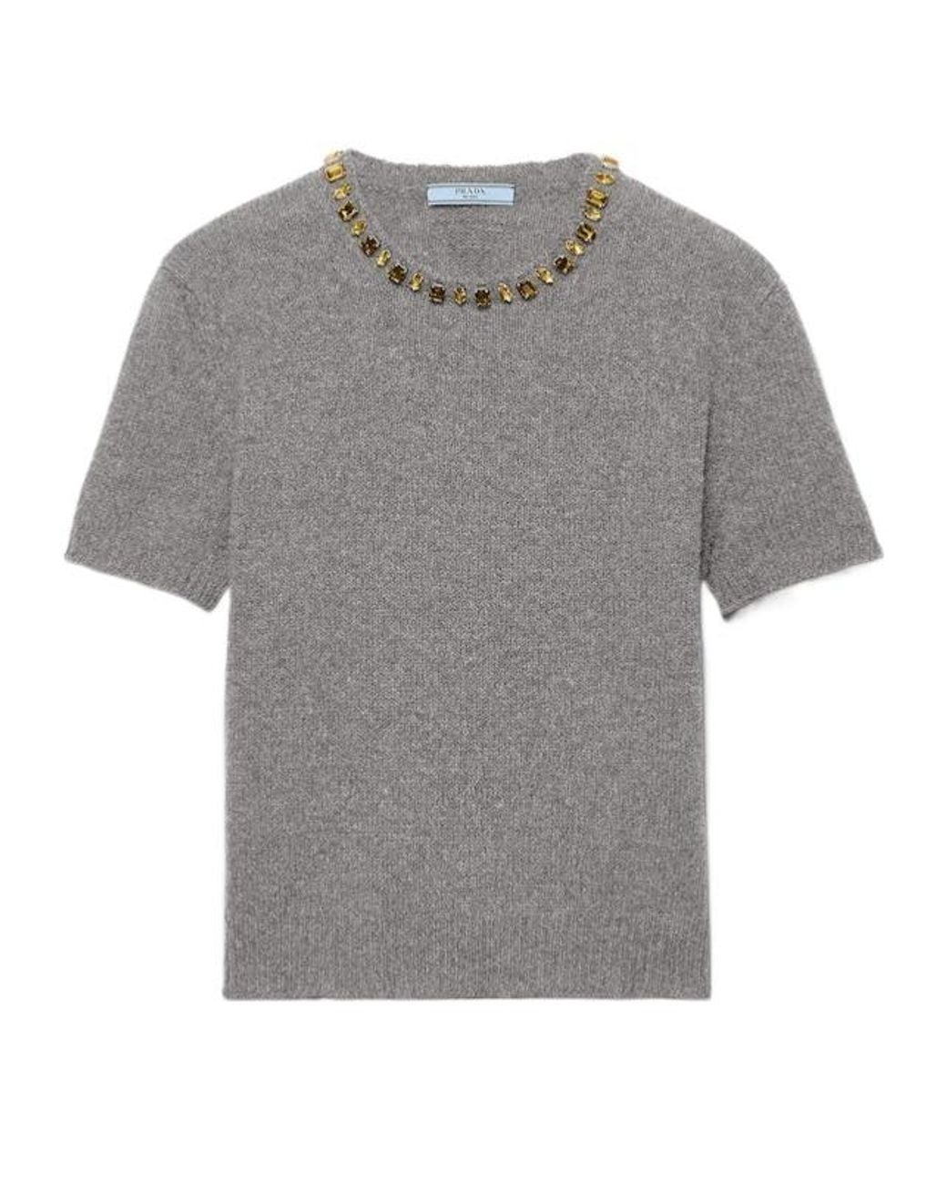 Prada Gray Wool-Cashmere Embellished Sweater