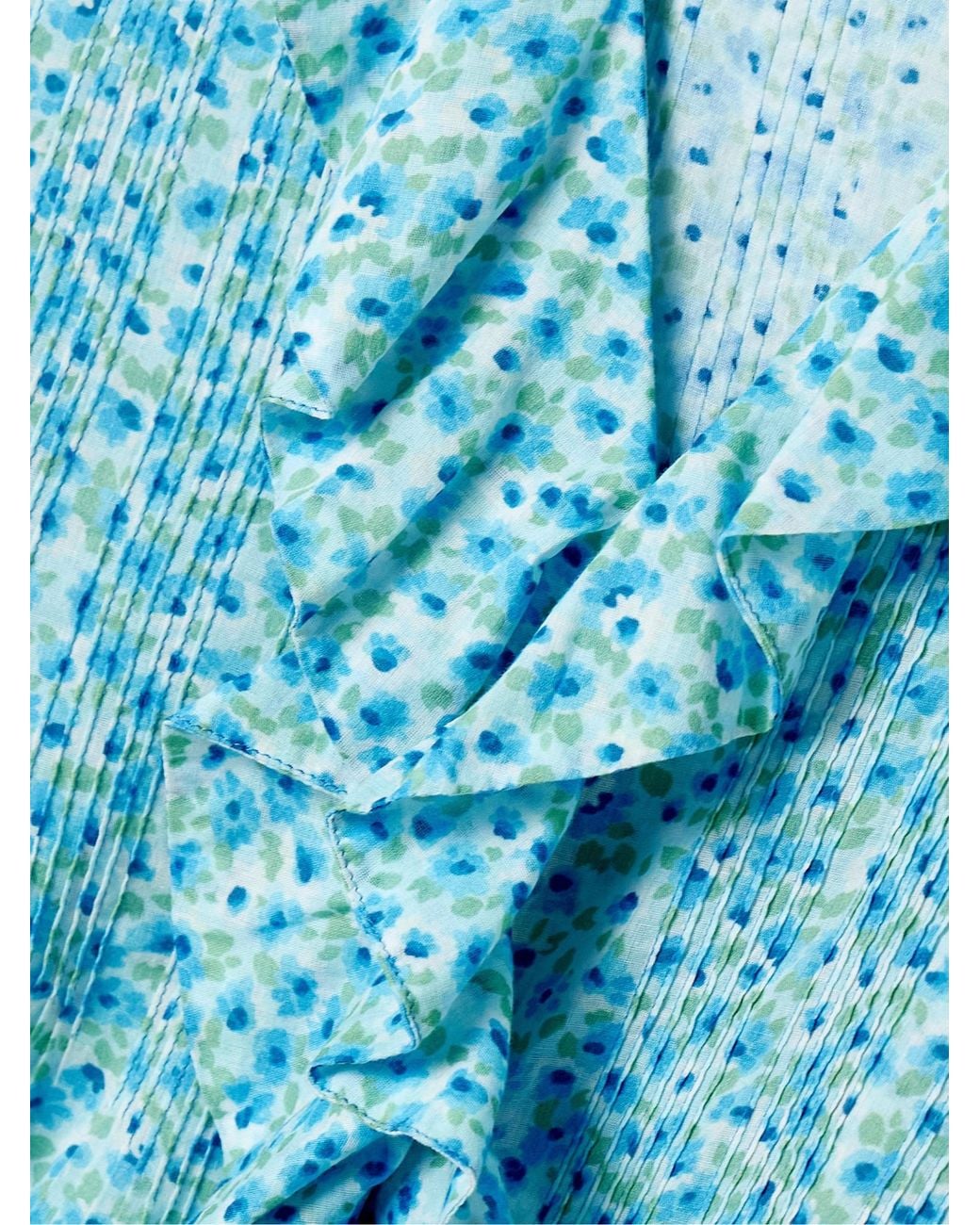 Doen Blue Ruffled Pintucked Floral-Print Voile Top