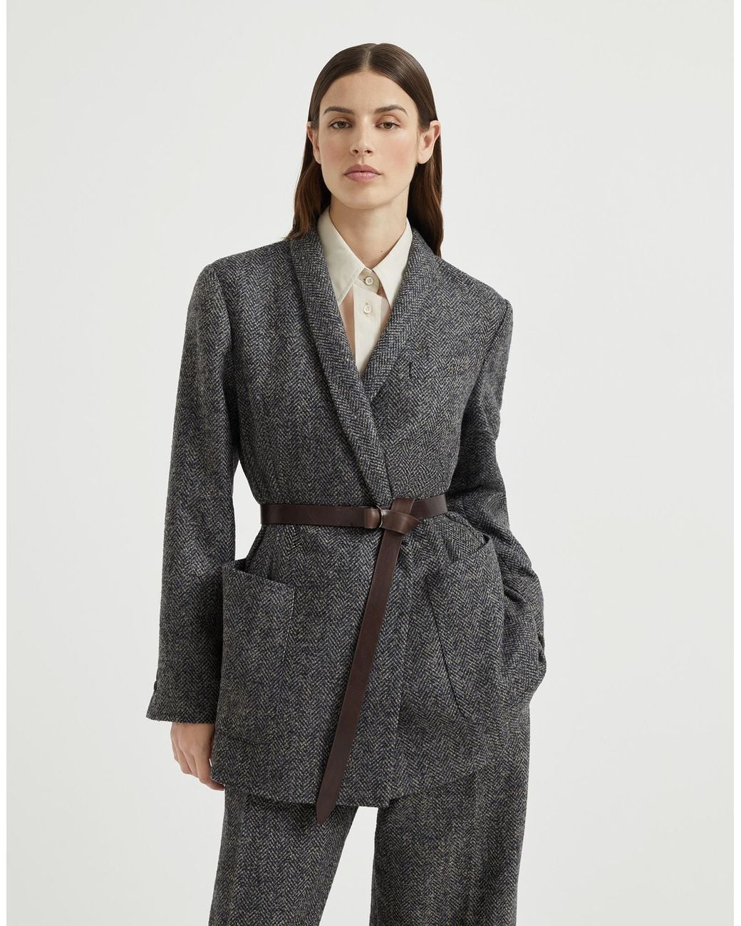 Brunello Cucinelli Gray Herringbone Patterned Belted Jacket
