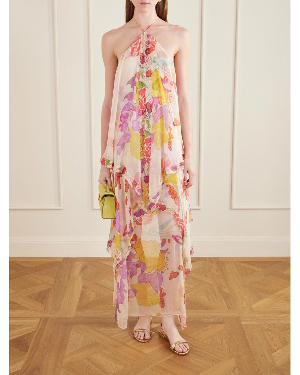 Donde Esteban Pink Asymmetrical Maxi Dress With Ruffle Trim