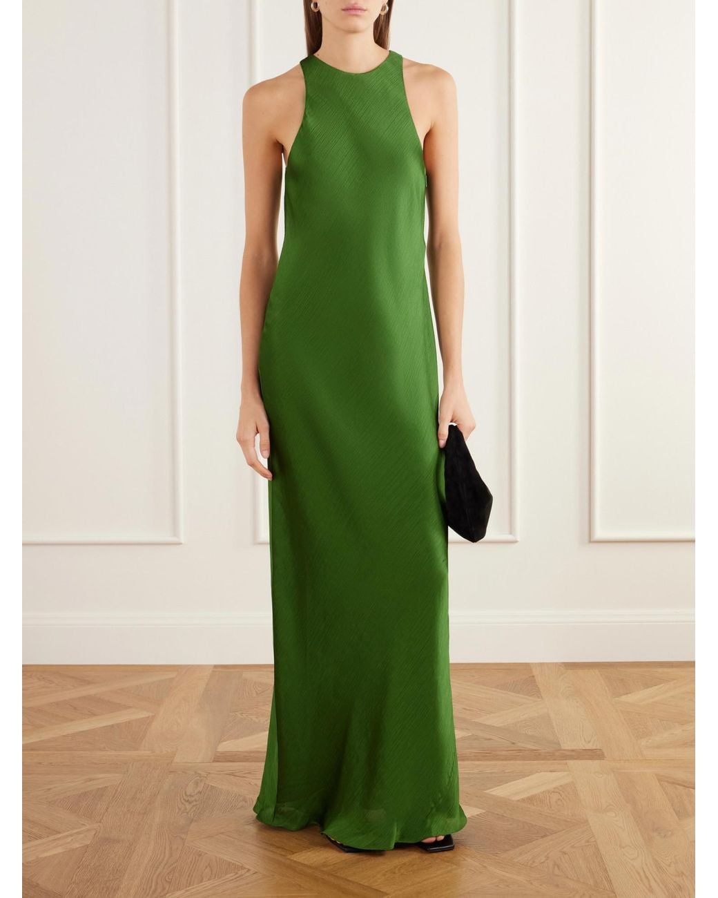 Tibi Green Plissé-Satin Maxi Dress