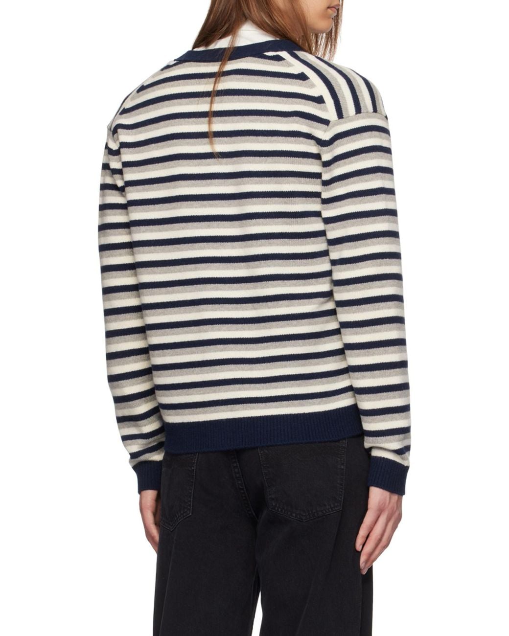 Maison Kitsuné Blue Fox Head Intarsia Striped Cardigan