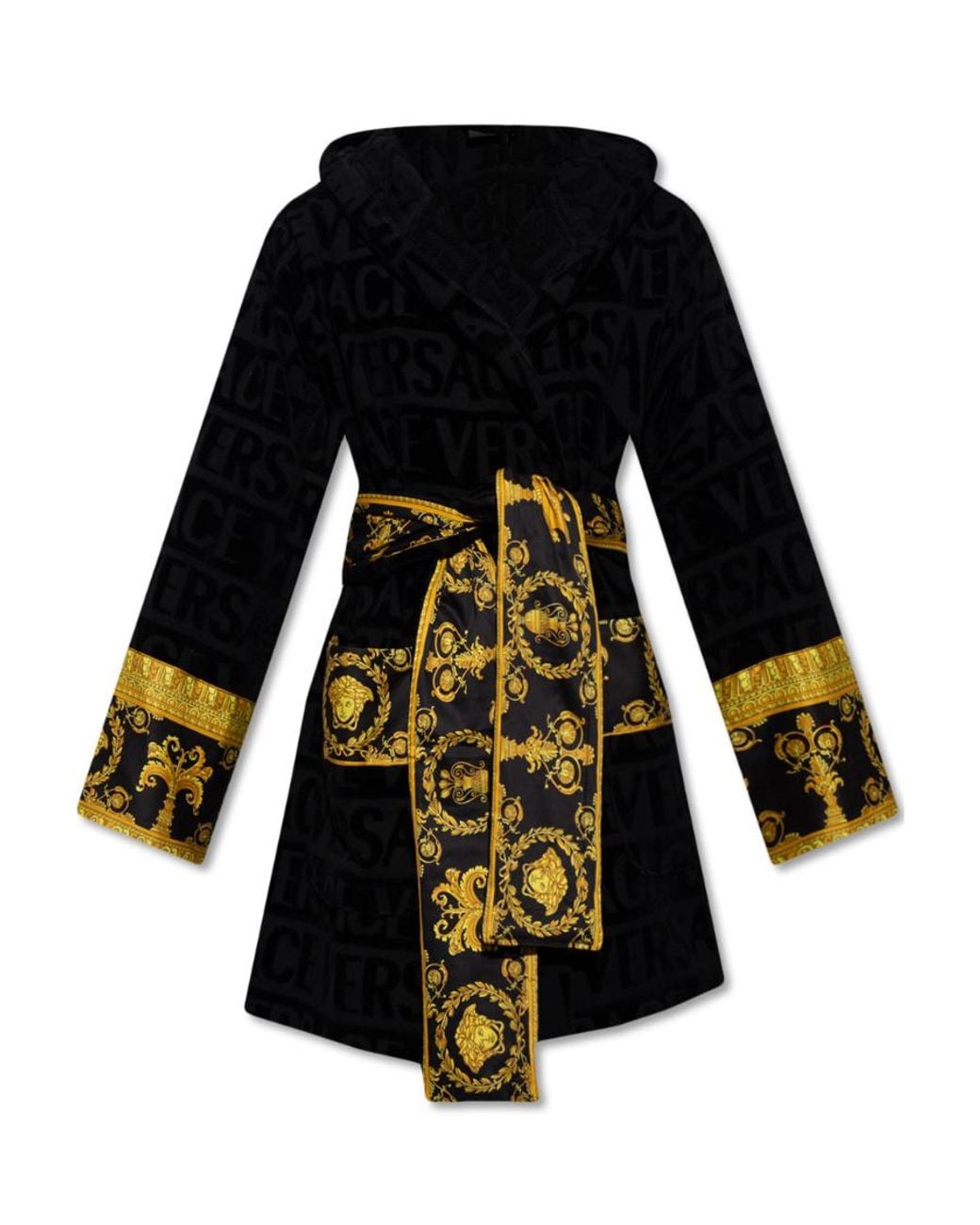 Versace Black Baroque Printed Belted Waist Robe for men