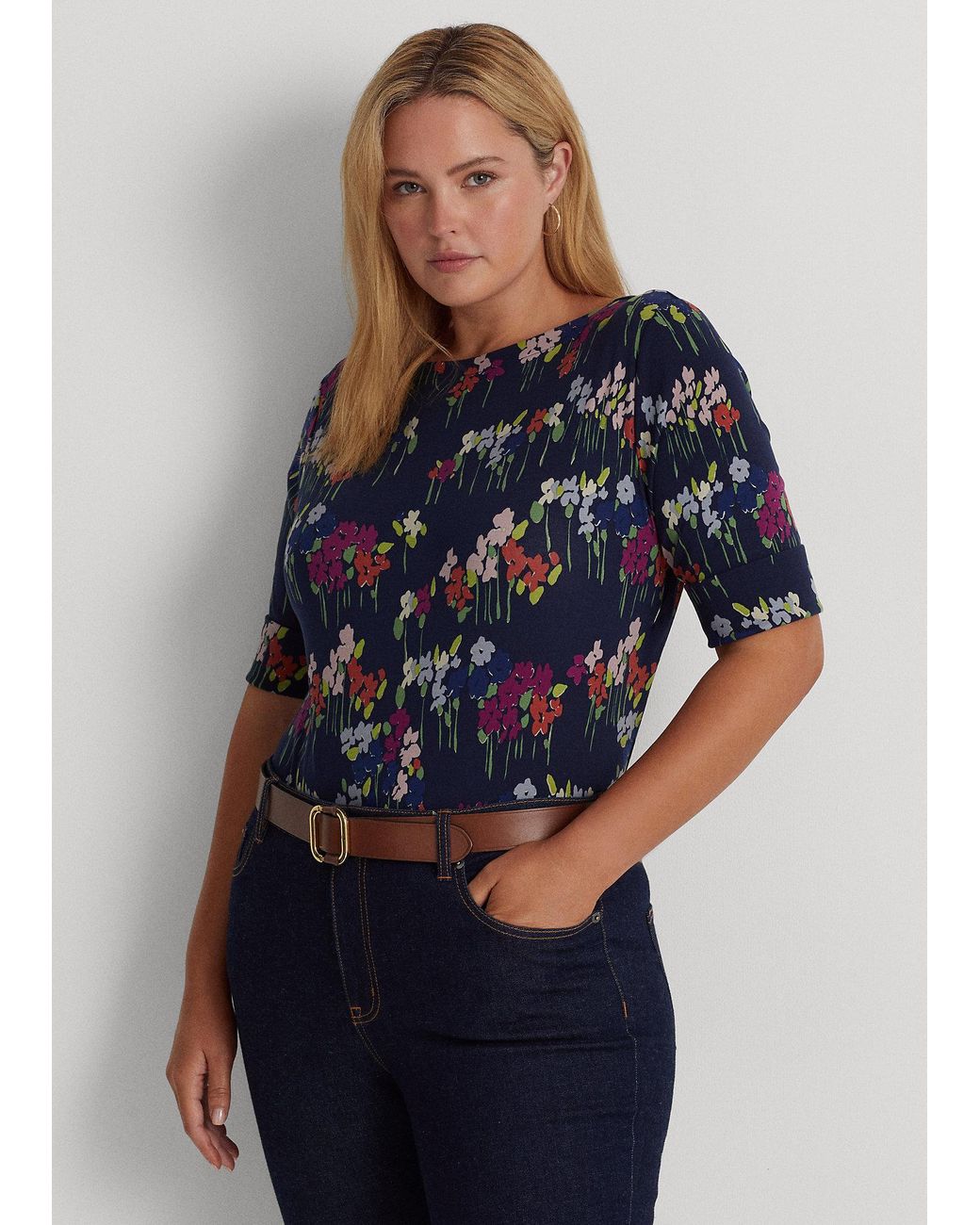 Ralph Lauren Blue Floral Boat-Neck Cotton T-Shirt