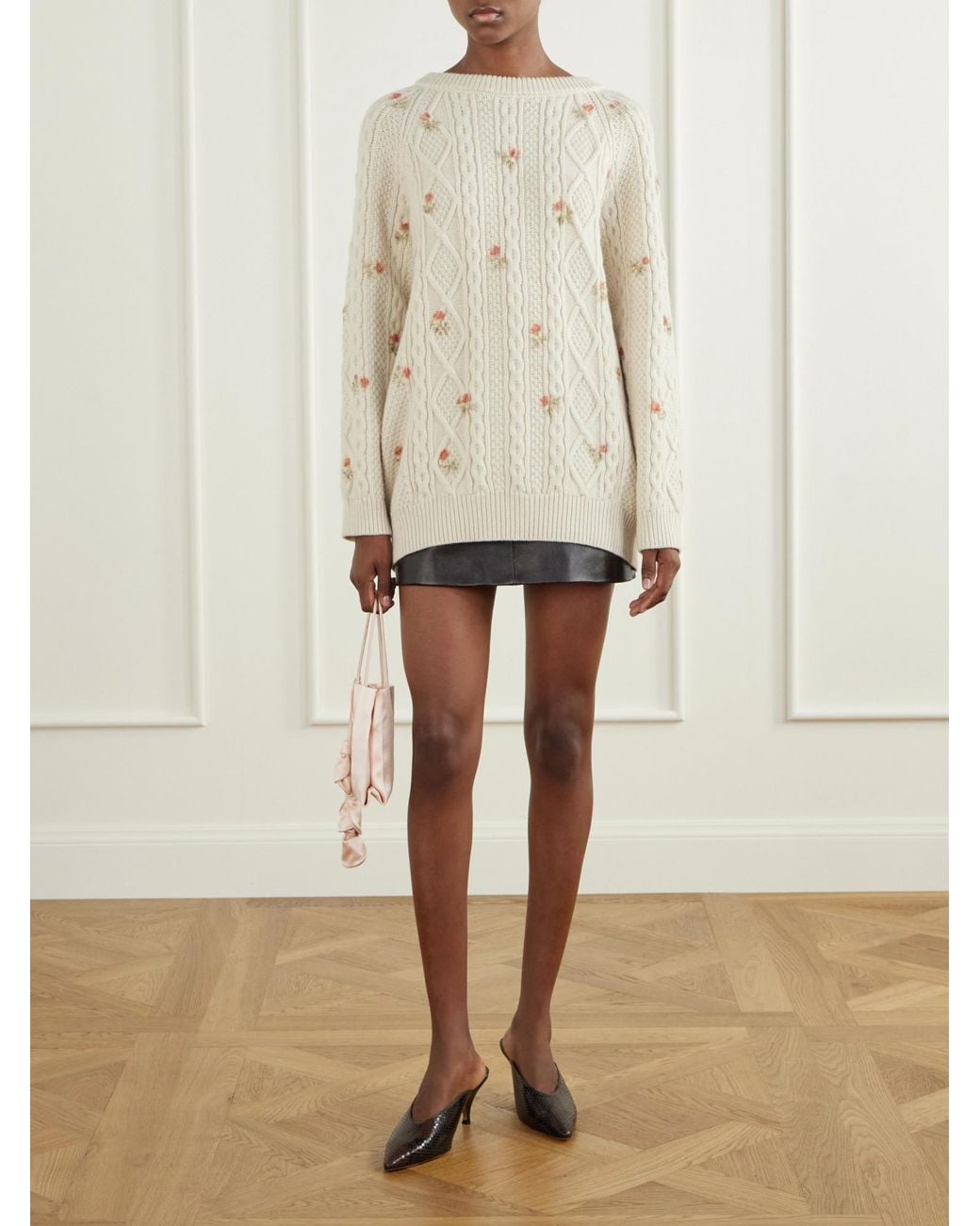 Magda Butrym White Floral-Print Cable-Knit Wool And Cashmere-Blend Sweater