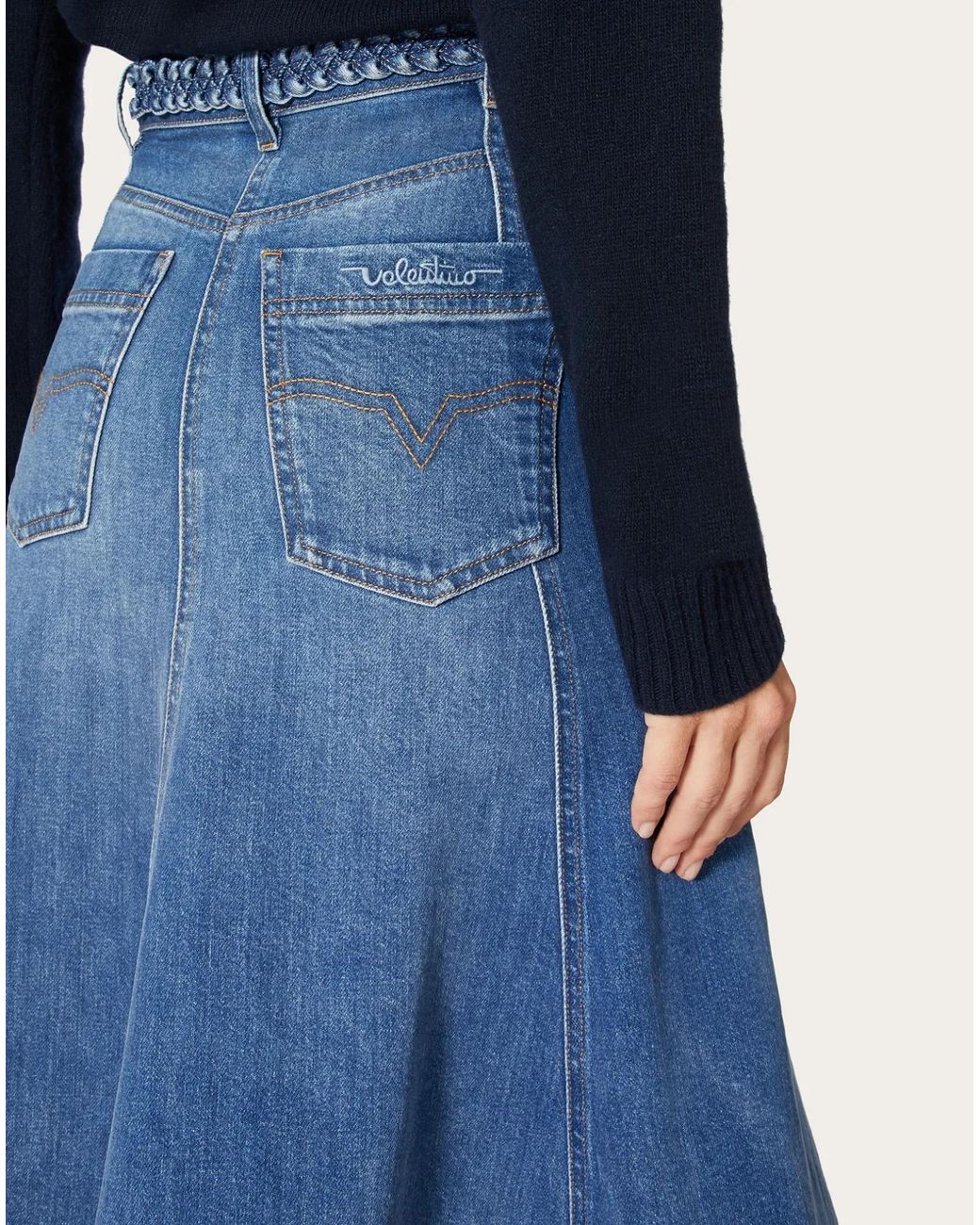Valentino Blue Braided-Waist Denim Midi Skirt