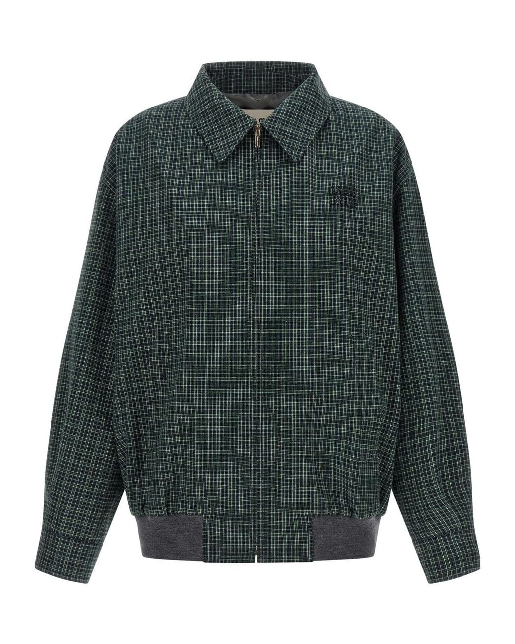 Miu Miu Green Check-Pattern Logo-Patch Jacket