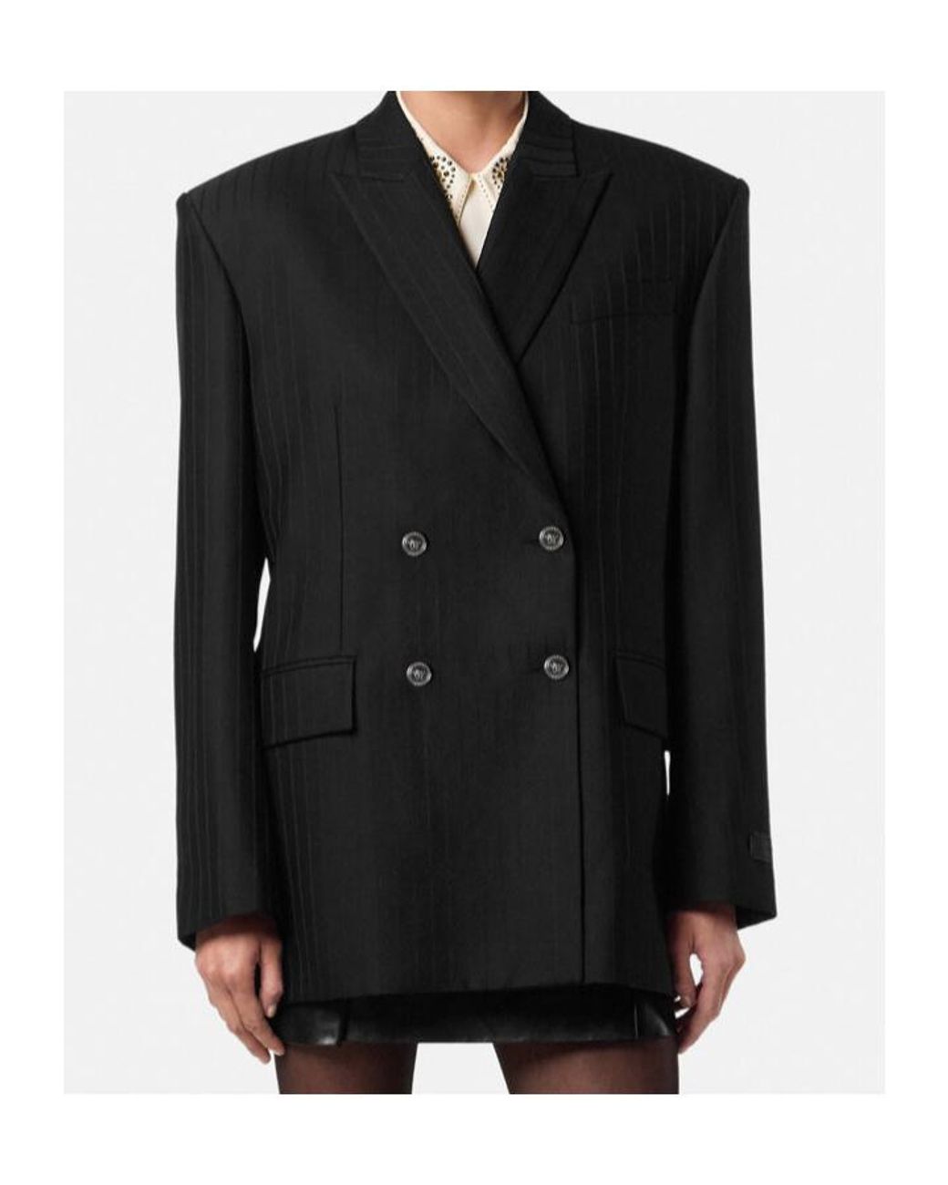 Versace Black Double Breasted Pinstripe Blazer