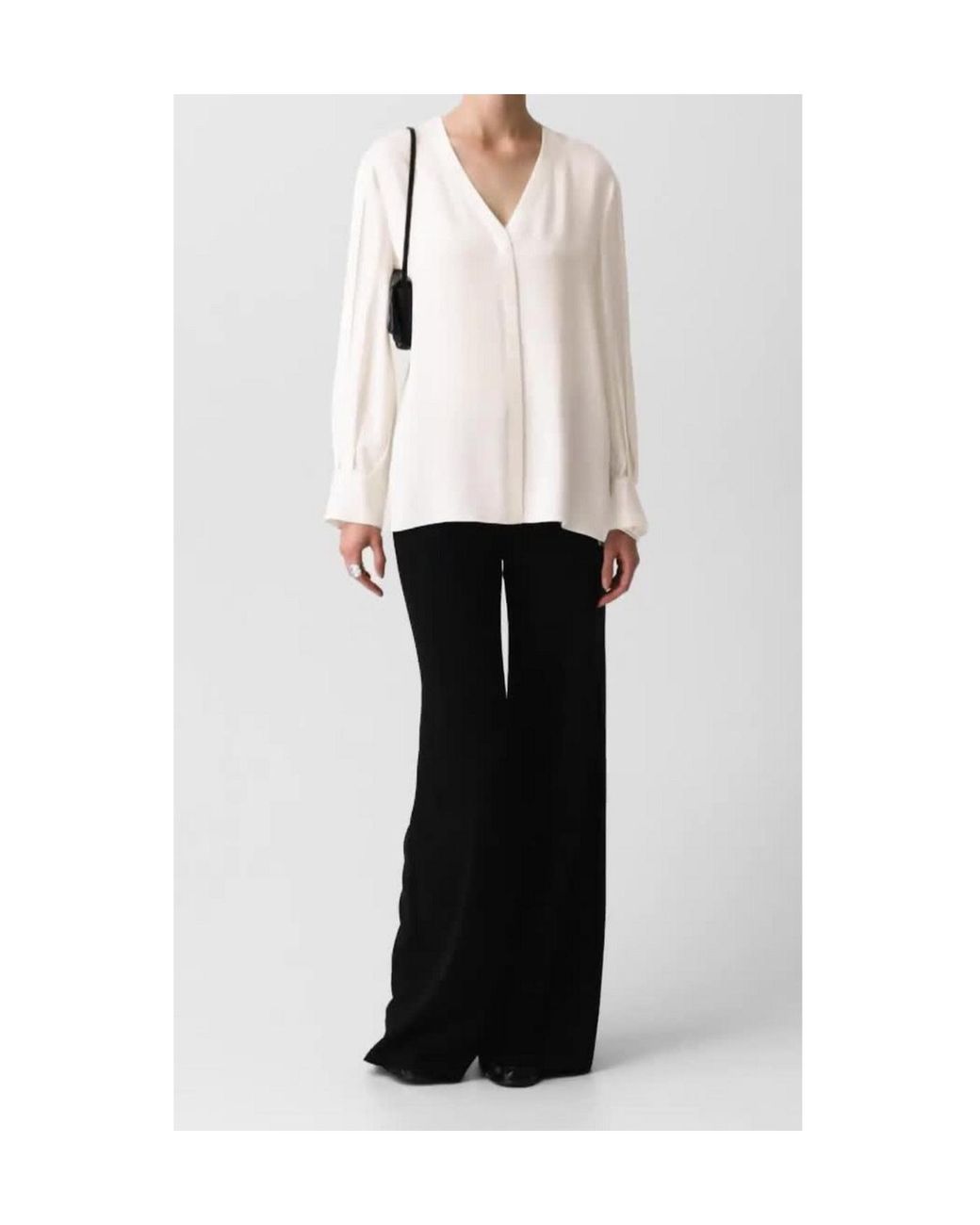 Theory White V-Neck Flared-Cuff Blouse