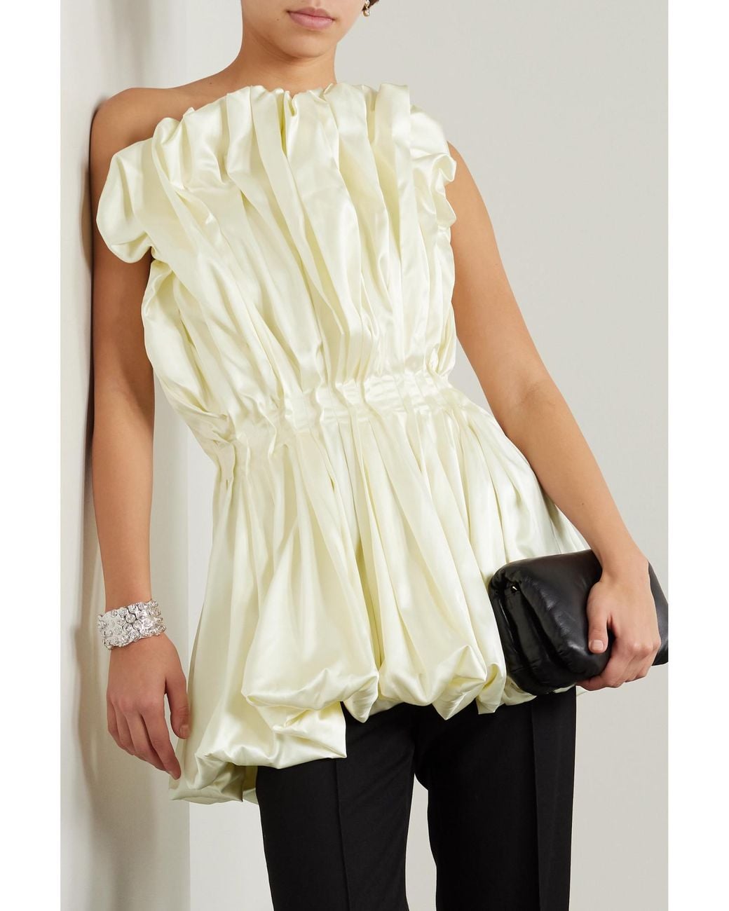 TOVE Metallic Strapless Gathered Satin Top