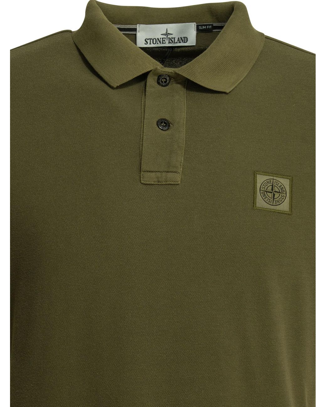 Stone Island Green Compass-Patch Buttoned Polo Shirt for men