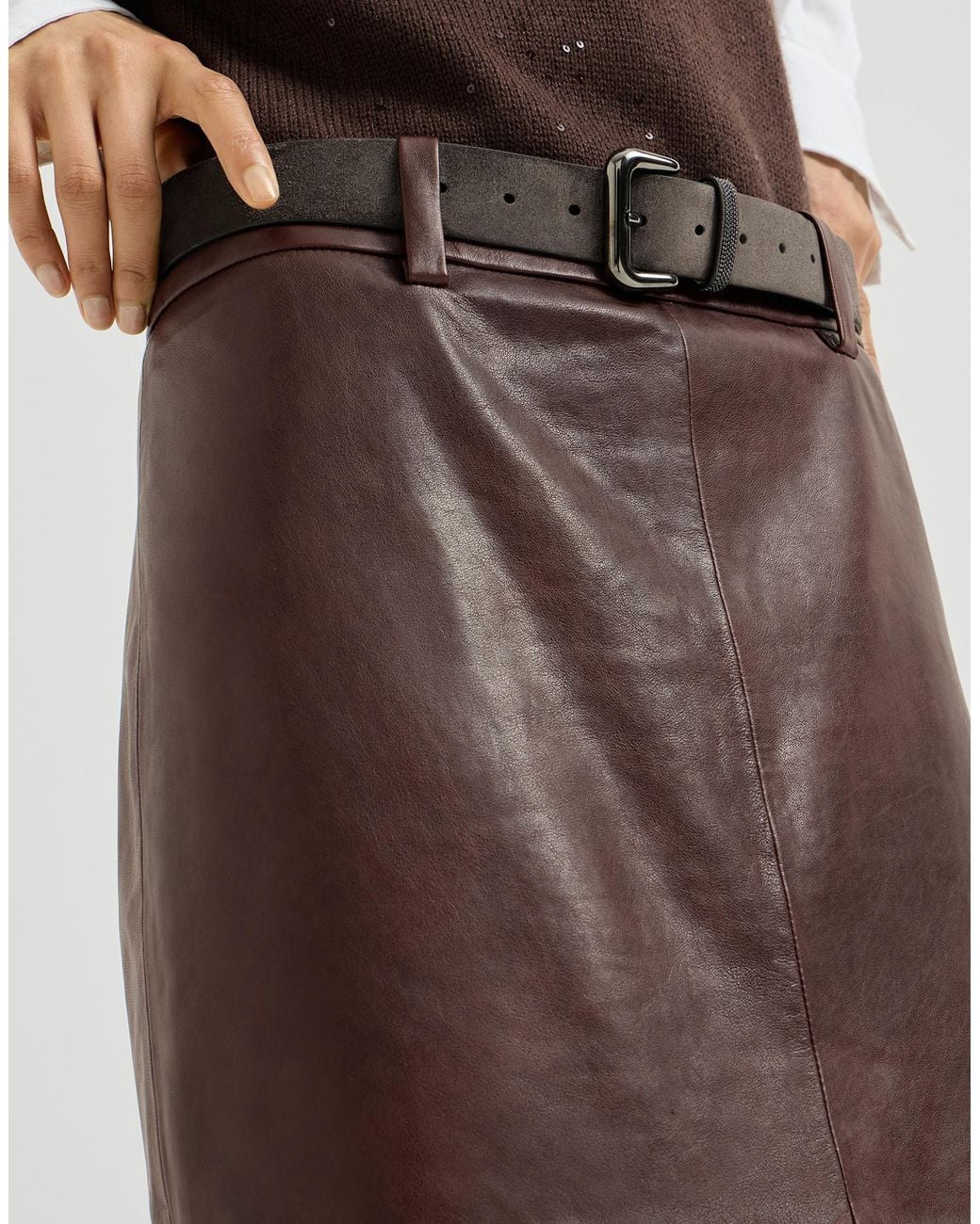 Brunello Cucinelli Brown Polished Nappa Leather Pencil Skirt