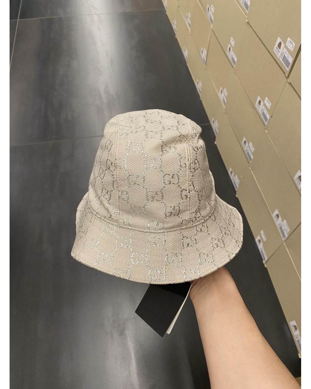 Gucci White Gg Lamé Bucket Hat
