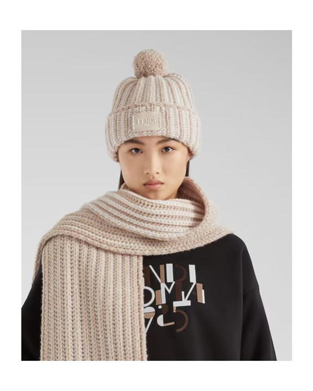 Fendi Natural Embroidered Pompom Beanie Hat