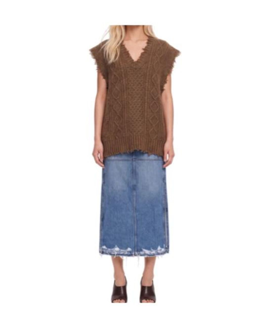 R13 Brown V-Neck Frayed Edge Top