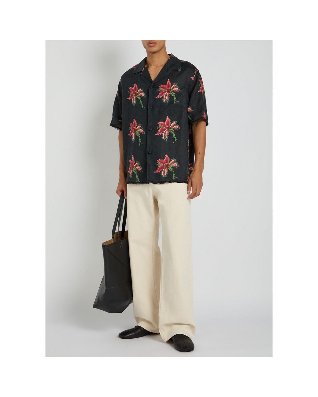 Valentino Black Floral-Print Linen Shirt for men