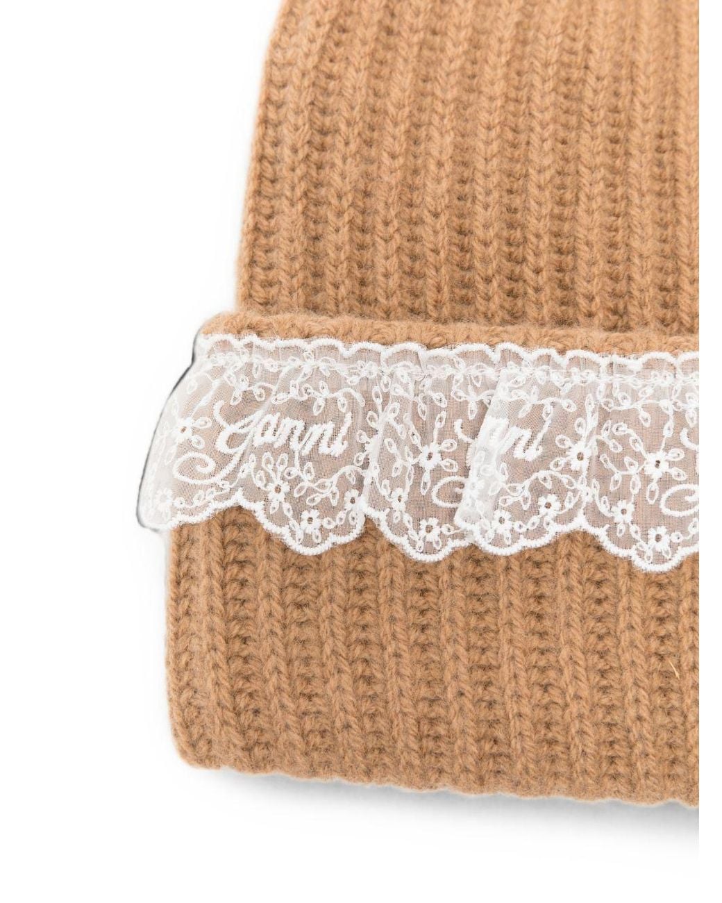 Ganni Natural Tigers Eye Lace Trim Beanie Hat