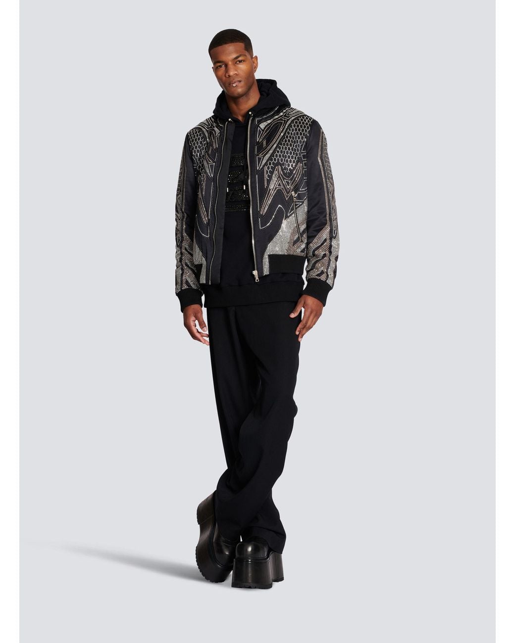 Balmain Black Studded Nylon Bomber Jacket for men