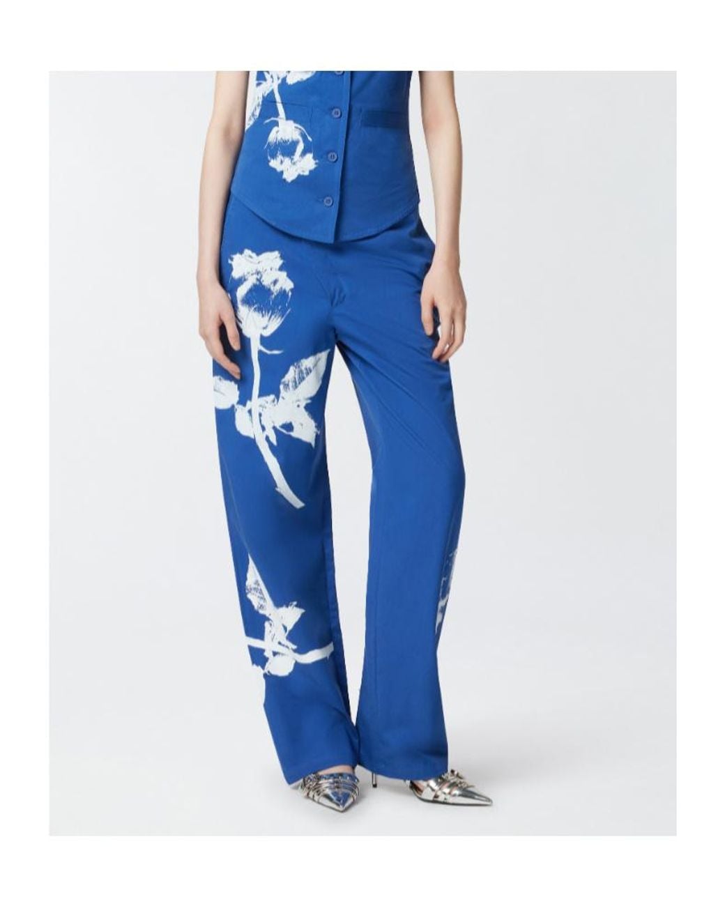 Pinko Blue Floral-Print Cotton Pants