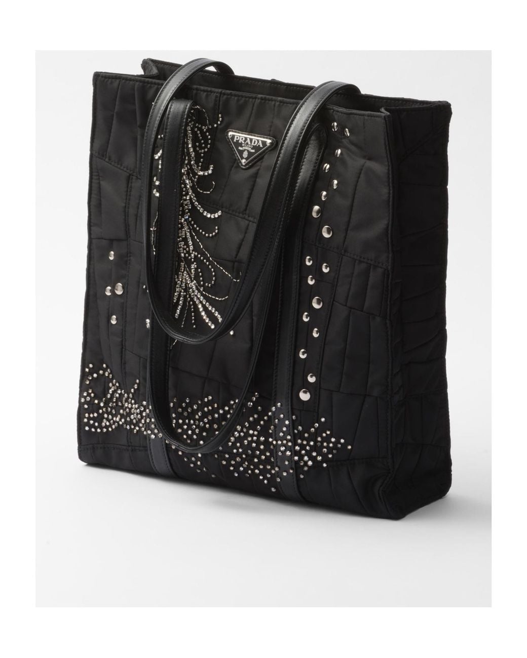 Prada Black Medium Re-Nylon Patchwork Tote Bag With Embroidery