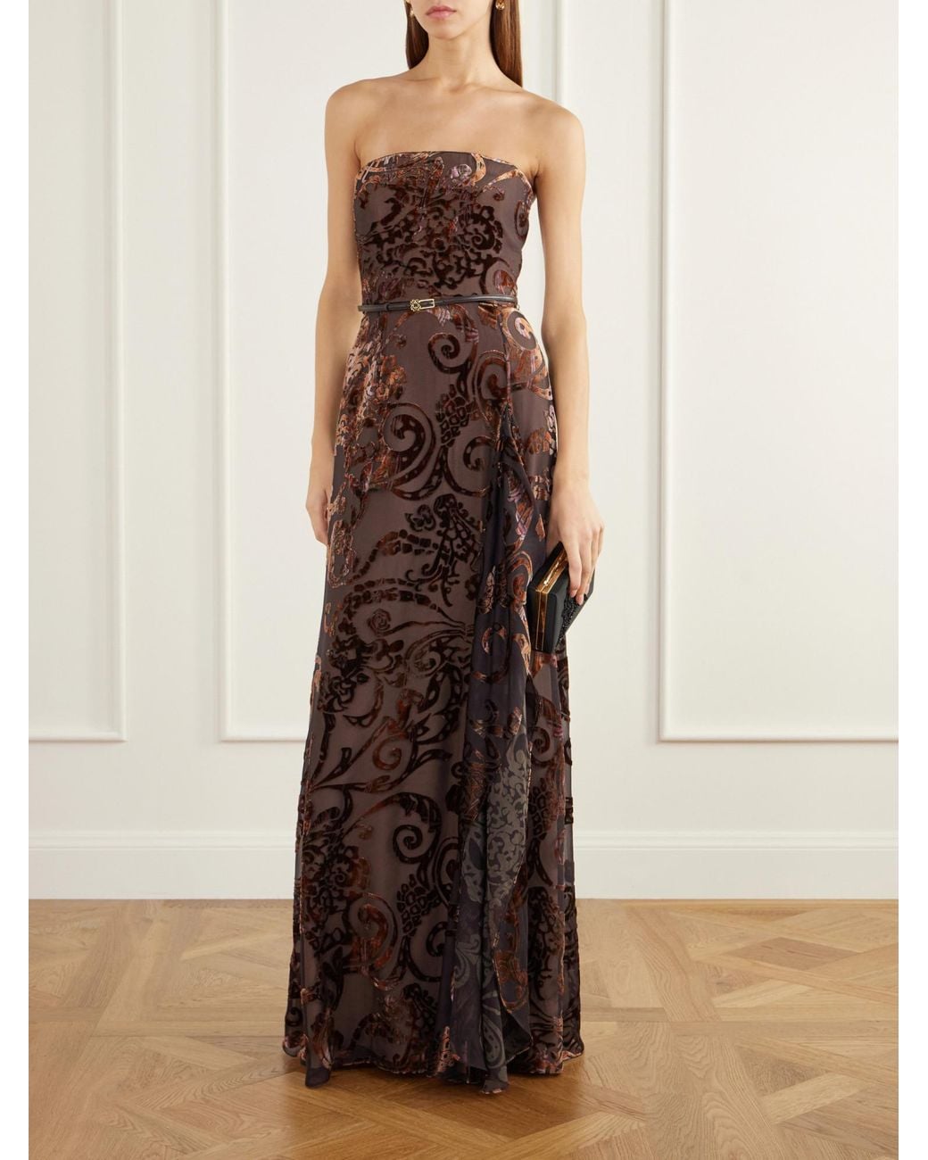 Elie Saab Brown Strapless Belted Devoré Silk-Blend Velvet Gown
