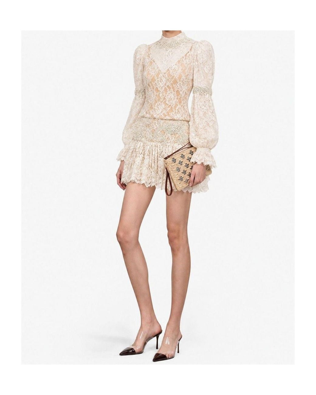 GIUSEPPE DI MORABITO Natural Long-Sleeved Lace Dress