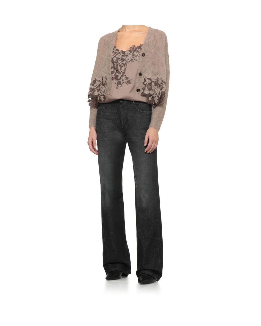 D.exterior Brown Lace Trim Cropped Cardigan