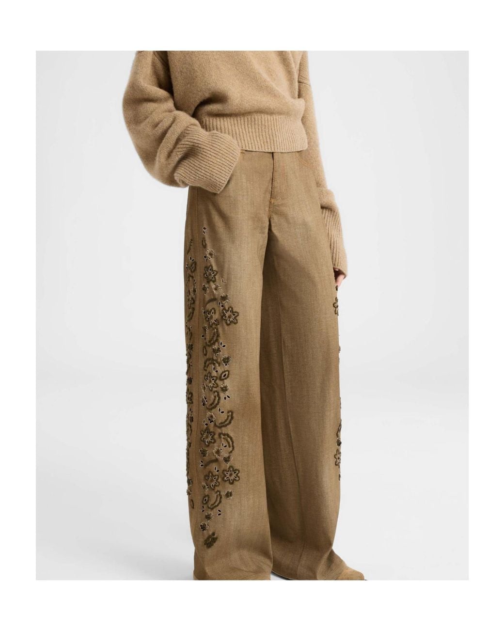 Ermanno Scervino Natural Floral-Embroidered Wide-Leg Trousers