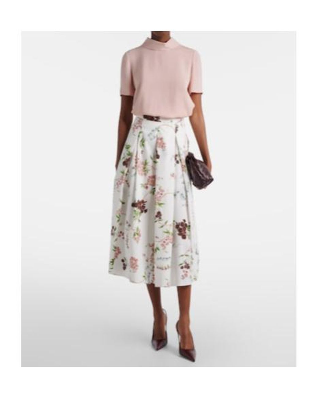 Erdem White Floral Pleated Cotton Poplin Midi Skirt