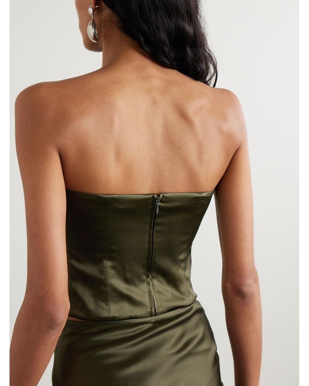 Staud Green Strapless Silk-Blend Satin Top