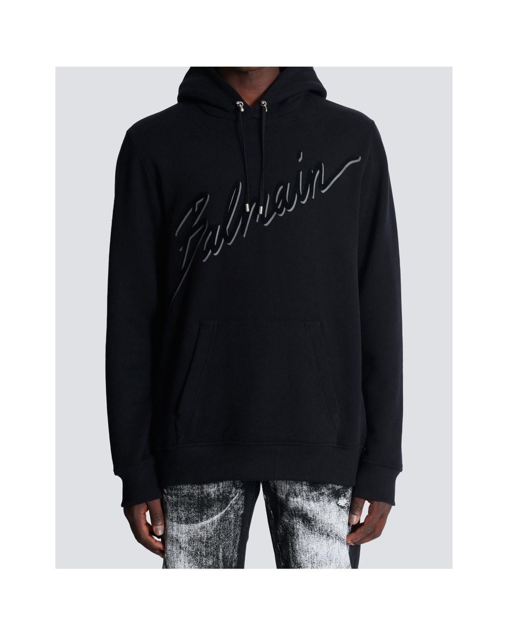 Balmain Blue Flocked-Logo Drawstring Hoodie for men