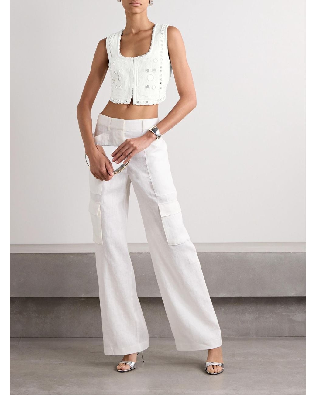 LoveShackFancy White Cropped Paillette-Embellished Embroidered Linen Top