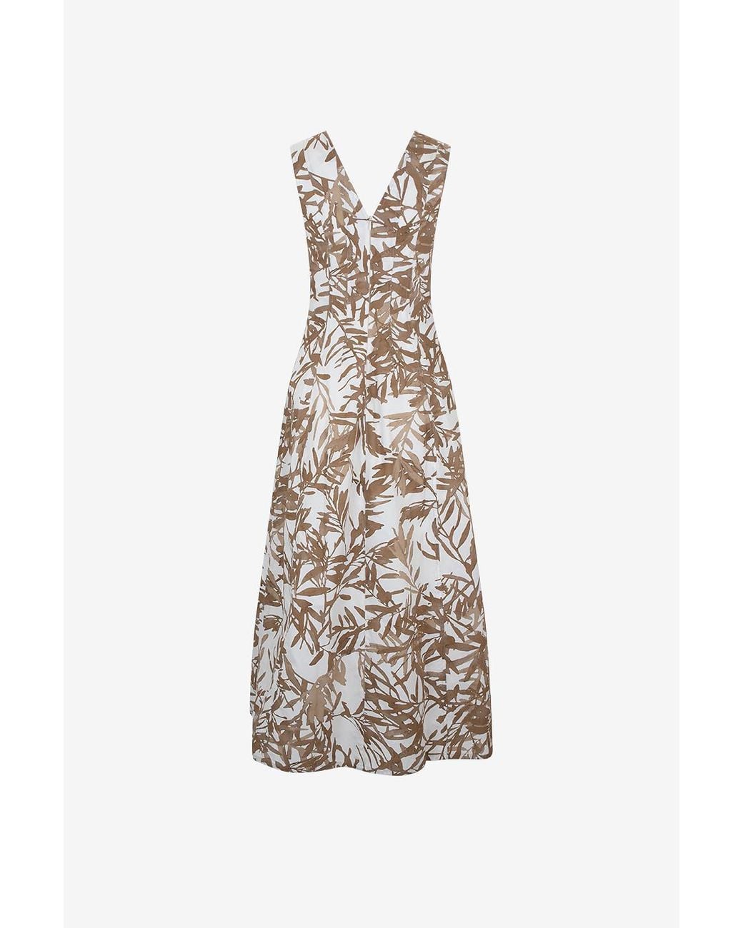 Brunello Cucinelli White Herbarium-Print Midi Dress