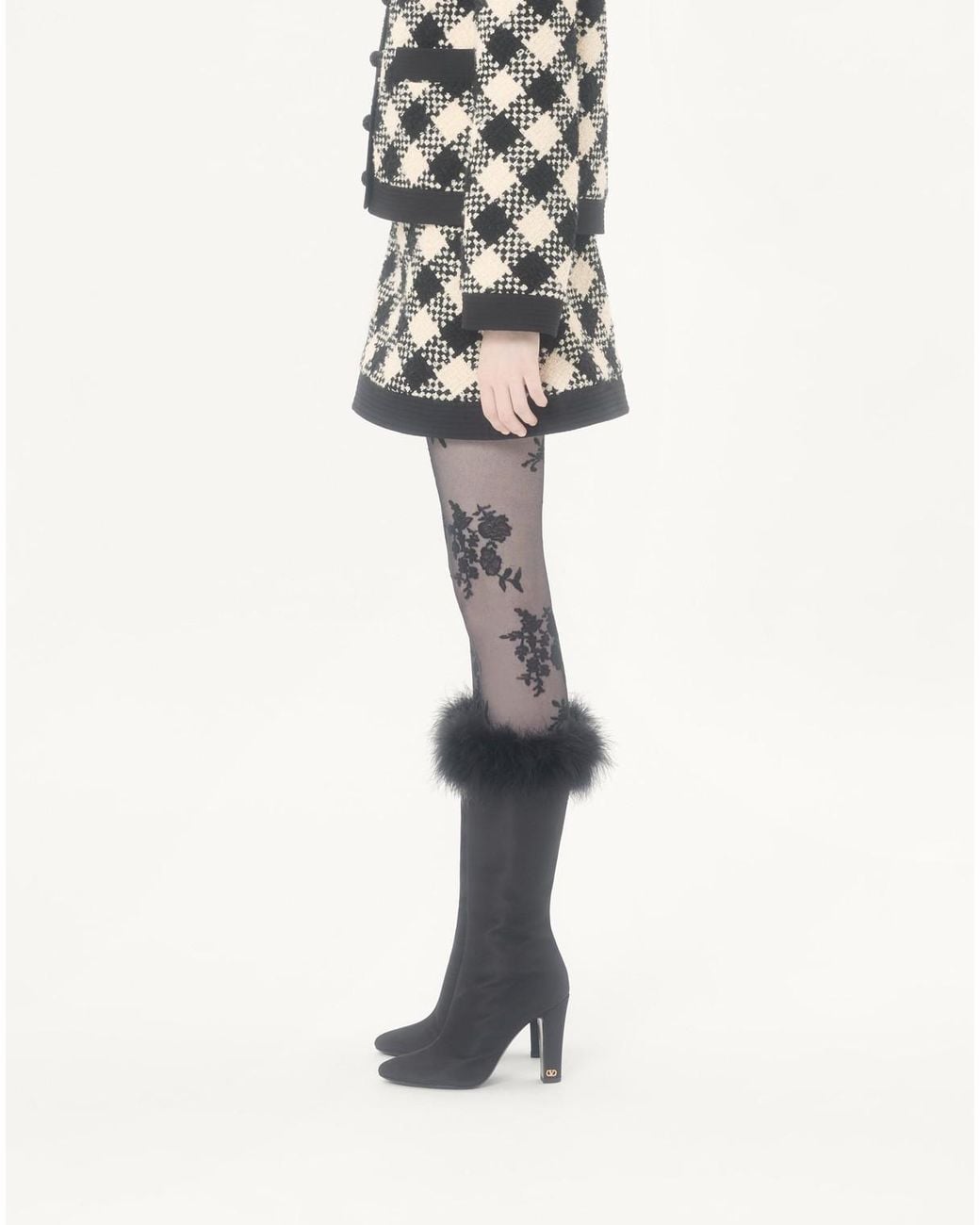 Valentino Black Damier Side Zipped Tweed Mini Skirt