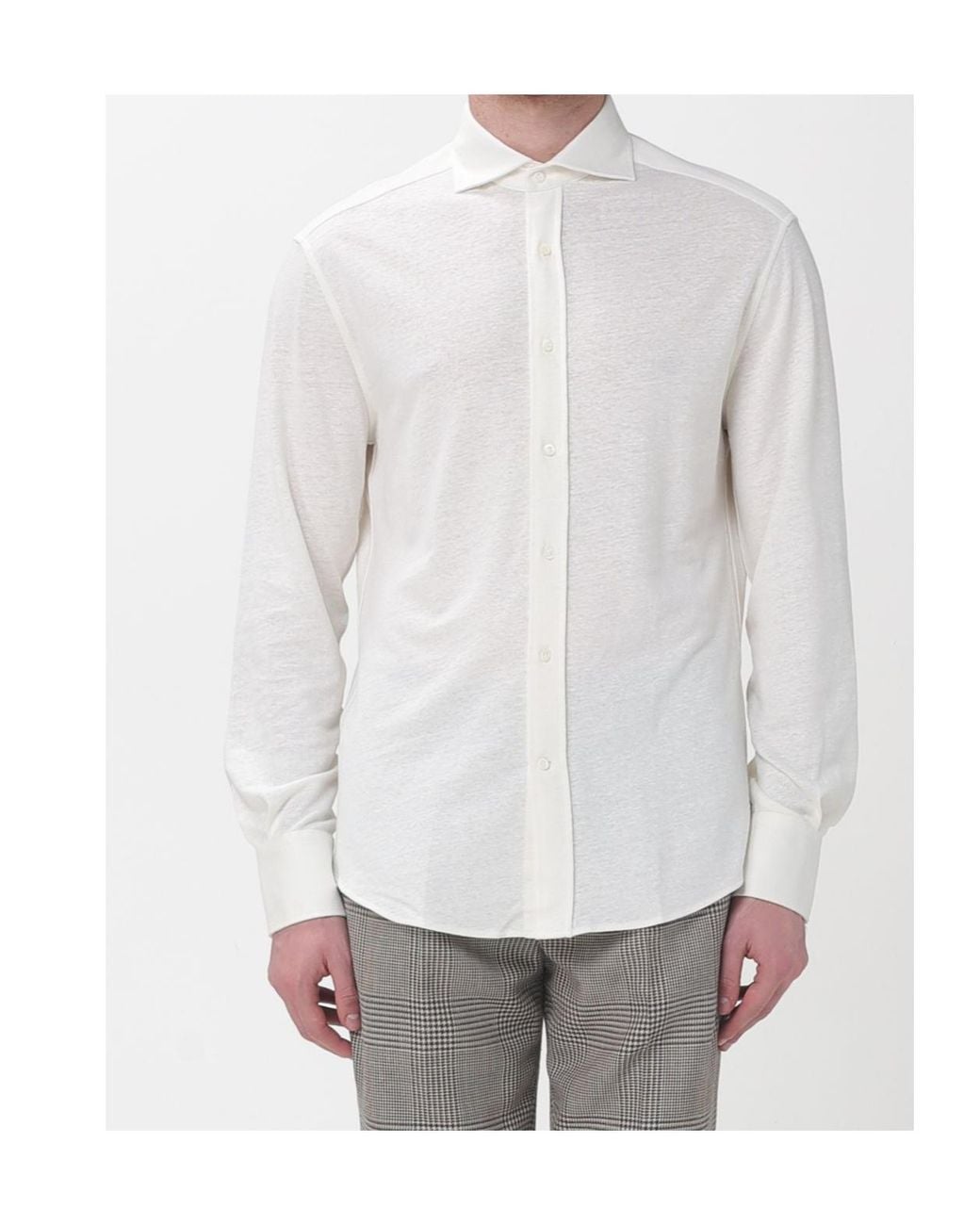 Brunello Cucinelli White Spread Collar Mélange Jersey Shirt for men