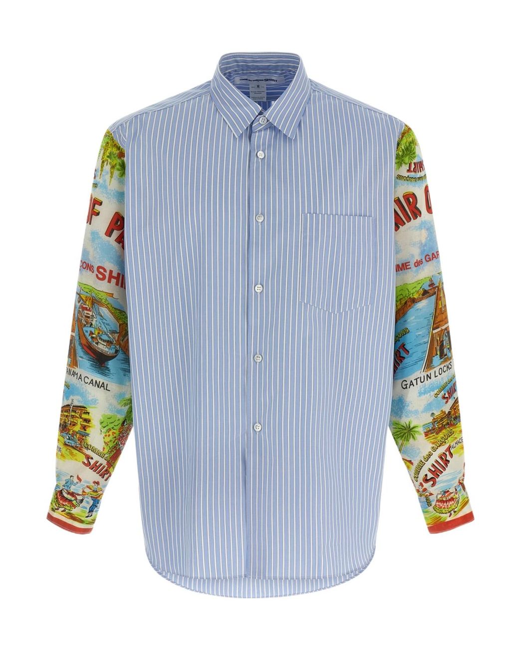 Comme des Garçons Blue Patterned Sleeve Cotton Poplin Shirt With Asymmetrical Hem for men