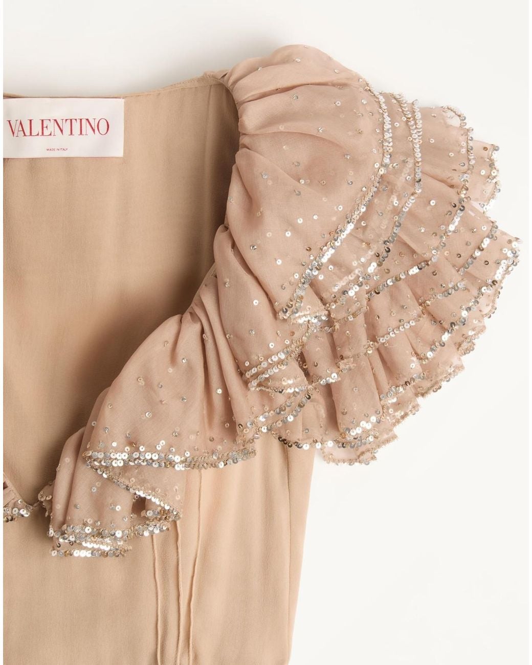 Valentino Natural Floral Embellished Ruffled V-Neck Dress